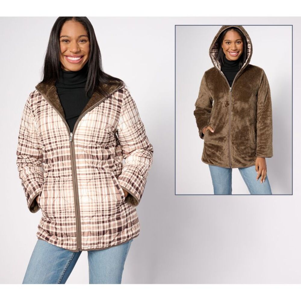 New Susan Graver Women's Jacket Sz XL Reversible Quilted Woven/FurBrown A620230